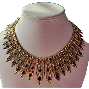 House of Harlow 1960 Gypsy Feather Statement Necklace Gold Tone Rhinestones Rare